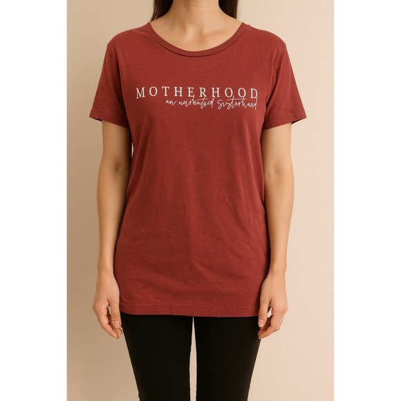 Tultex Womens Motherhood Sisterhood Graphic T-Shirt Burgundy Casual Top - Picture 1 of 5